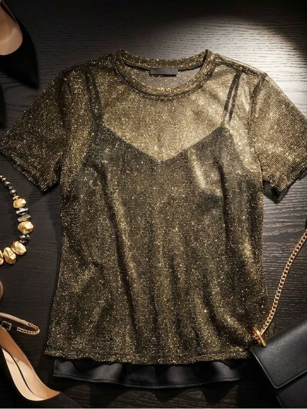 Vtg Forever 21 Gold Metallic Shimmer Mesh Sheer Top Sz L Y2K Night Out Festival